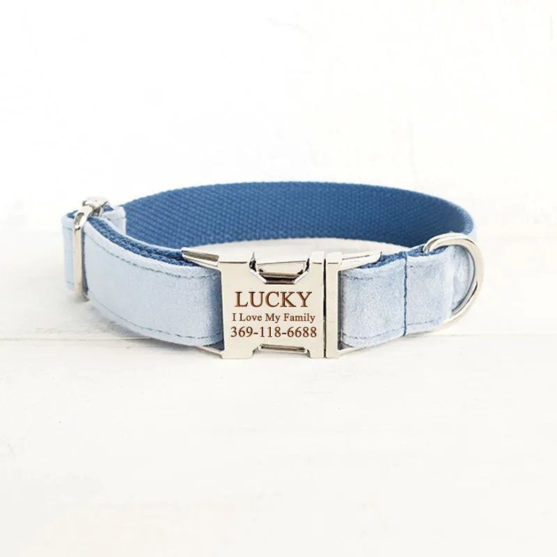 Custom Dog Collar with Name Engraved Metal Buckle Soft Cute Velvet Sky Blue
