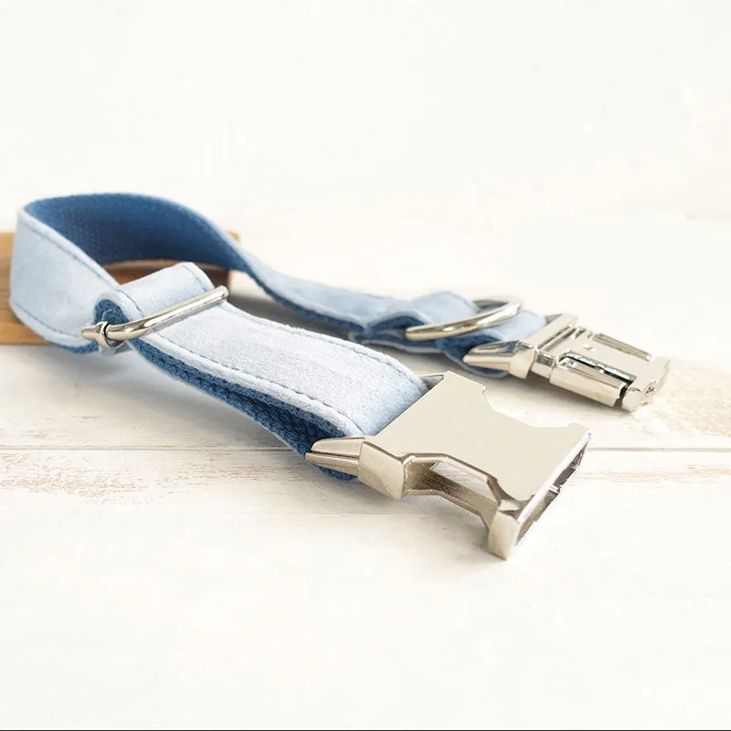 Custom Dog Collar with Name Engraved Metal Buckle Soft Cute Velvet Sky Blue