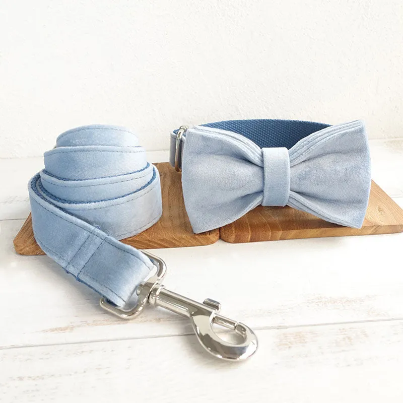 Custom Dog Collar with Name Engraved Metal Buckle Soft Cute Velvet Sky Blue