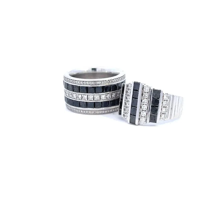 Custom-Made Men's 14K White Gold Diamond and Sapphire Wedding Bands