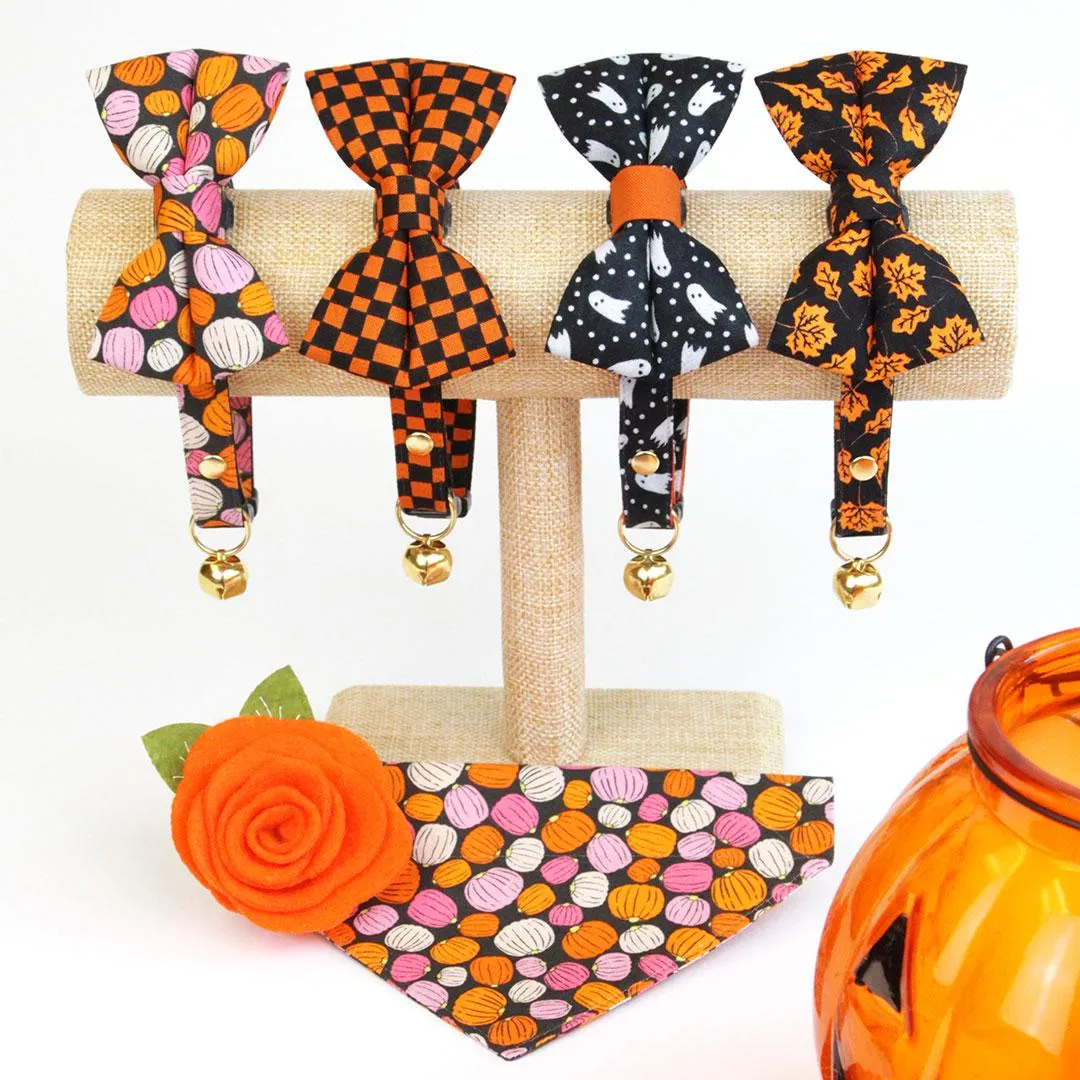 Fall Cat Bow Tie - "Autumn Night" - Maple Leaf Black Orange Bow Tie for Cat / Halloween / Cat   Small Dog Bowtie