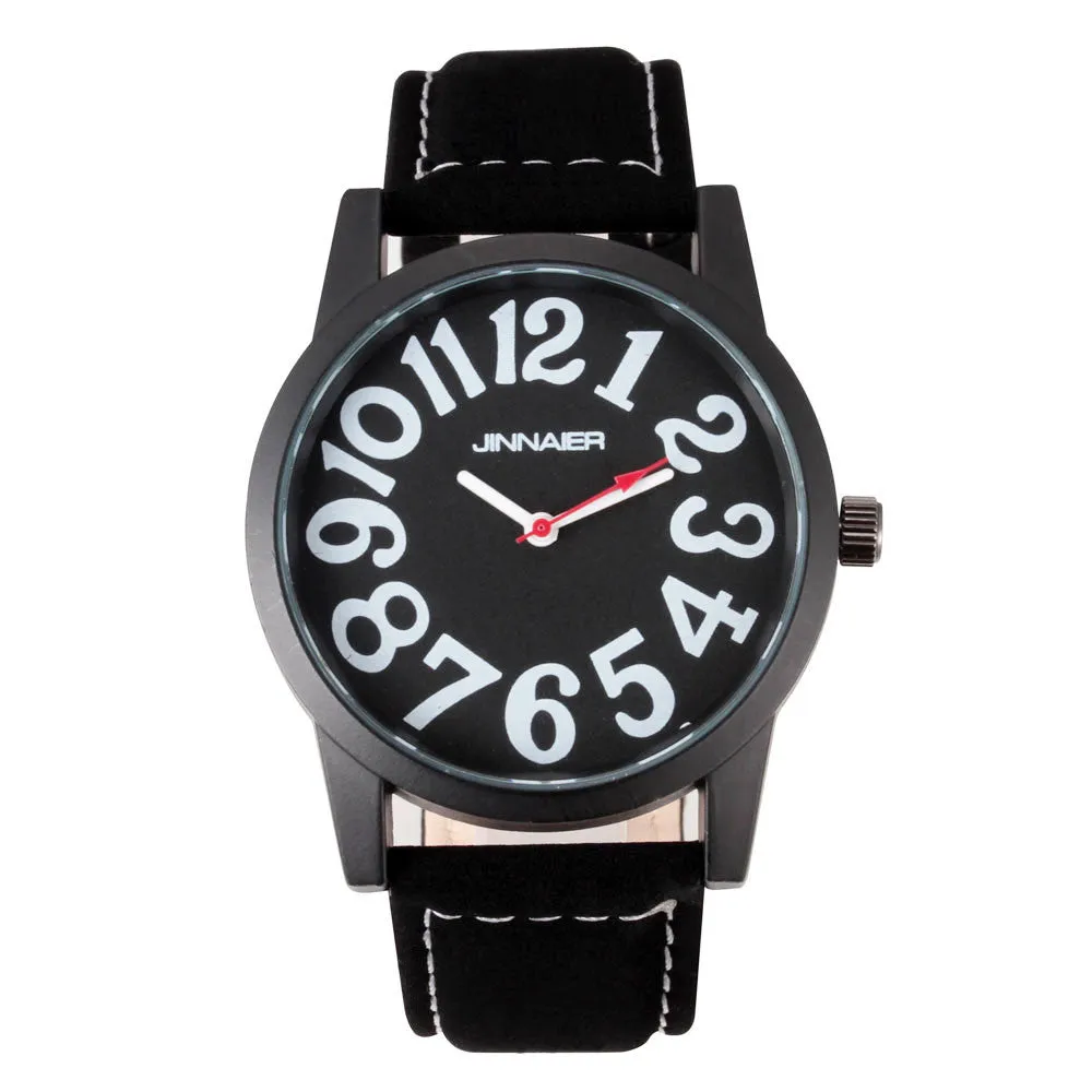 Fashion Jinnaier women men Unisex large number dial style Leather strap quartz wrist watch J31