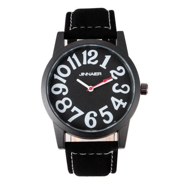 Fashion Jinnaier women men Unisex large number dial style Leather strap quartz wrist watch J31