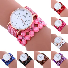 Fashion Large Dial Chimes Diamond Leather Bracelet Lady Womans Wrist Watch