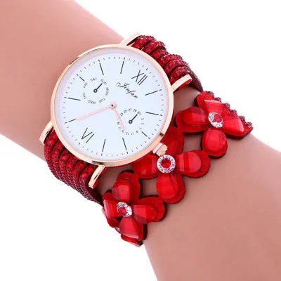Fashion Large Dial Chimes Diamond Leather Bracelet Lady Womans Wrist Watch