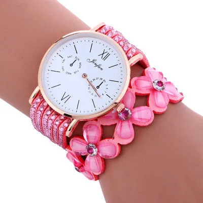 Fashion Large Dial Chimes Diamond Leather Bracelet Lady Womans Wrist Watch