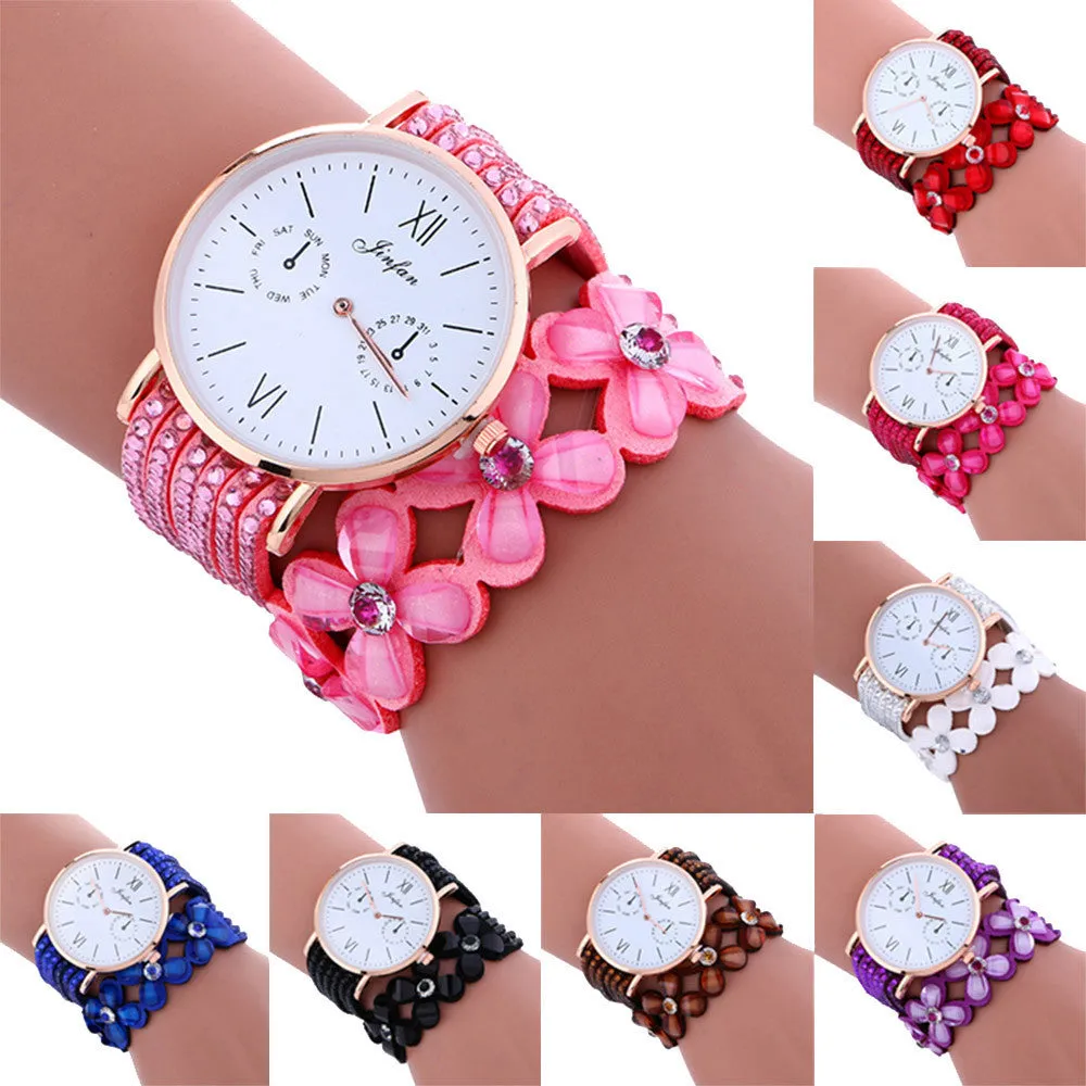 Fashion Large Dial Chimes Diamond Leather Bracelet Lady Womans Wrist Watch