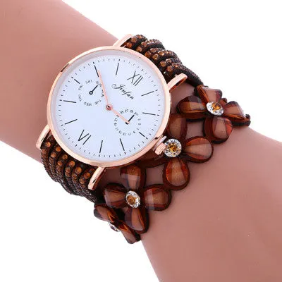 Fashion Large Dial Chimes Diamond Leather Bracelet Lady Womans Wrist Watch
