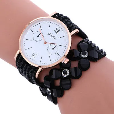 Fashion Large Dial Chimes Diamond Leather Bracelet Lady Womans Wrist Watch