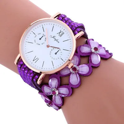 Fashion Large Dial Chimes Diamond Leather Bracelet Lady Womans Wrist Watch