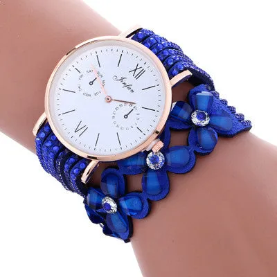 Fashion Large Dial Chimes Diamond Leather Bracelet Lady Womans Wrist Watch