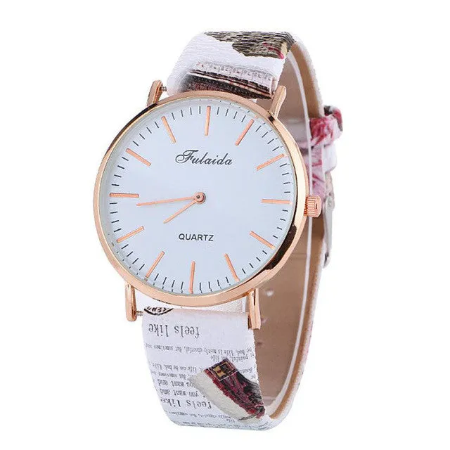 FULAIDA large dial Women Watch Printing Pattern Fashion Women Colored PU Leather Watch Elegant Ladies Clock Relogio Feminino Y25