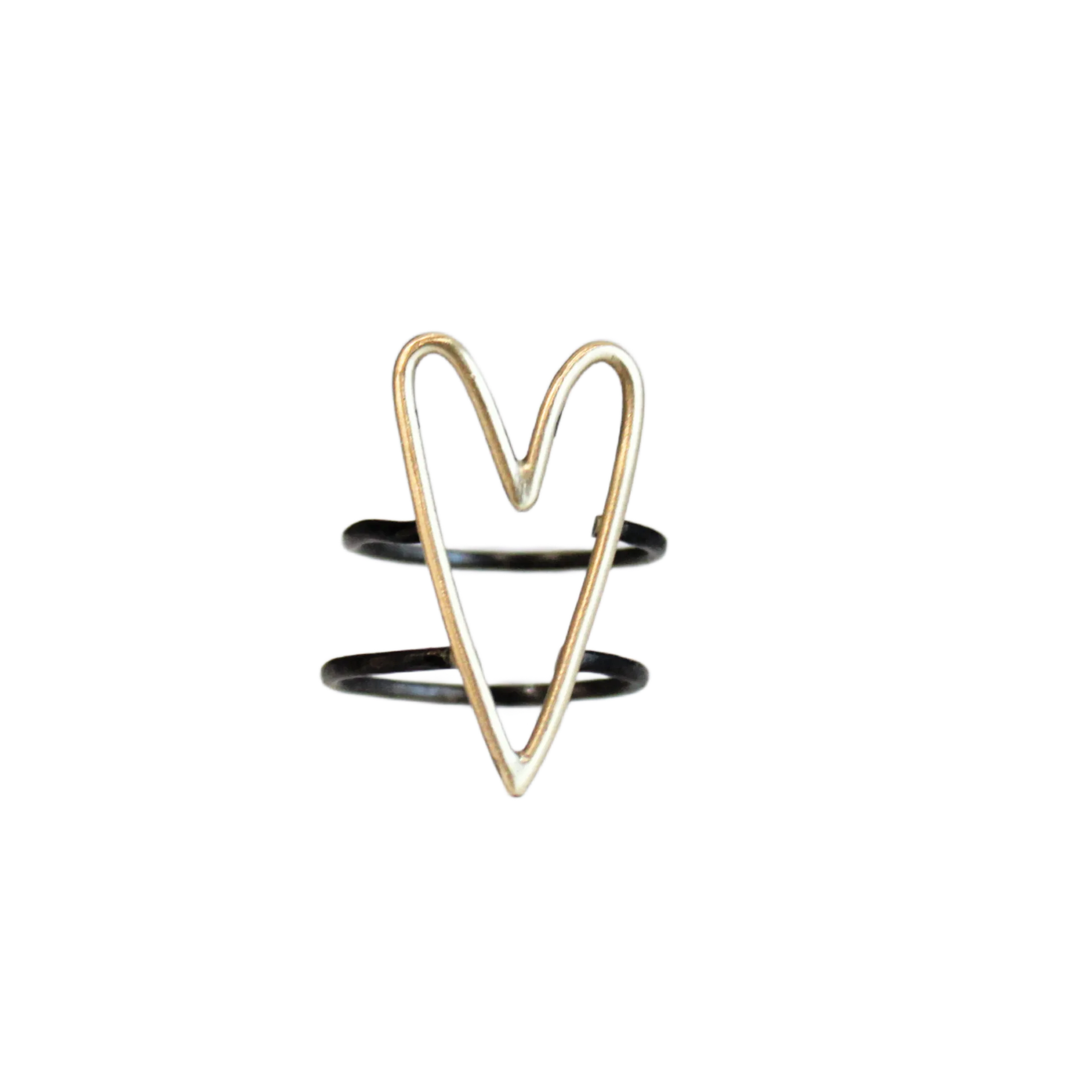 Gold Heart Double Band Rhodium Ring