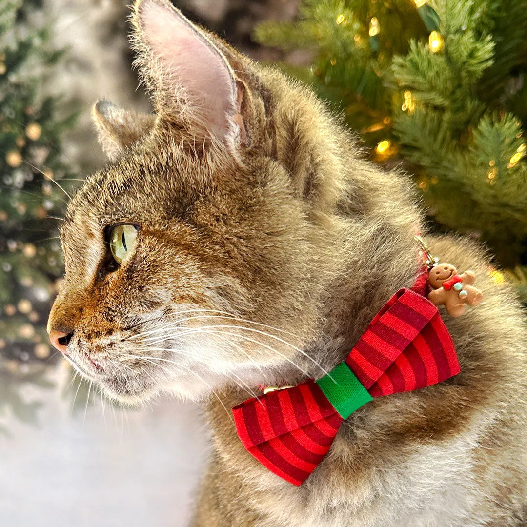 Holiday Cat Bow Tie - "Festive Cranberry" - Red Candy Striped Christmas Bow Tie for Cat / Dr. Seuss Vibes / Cat   Small Dog Bowtie