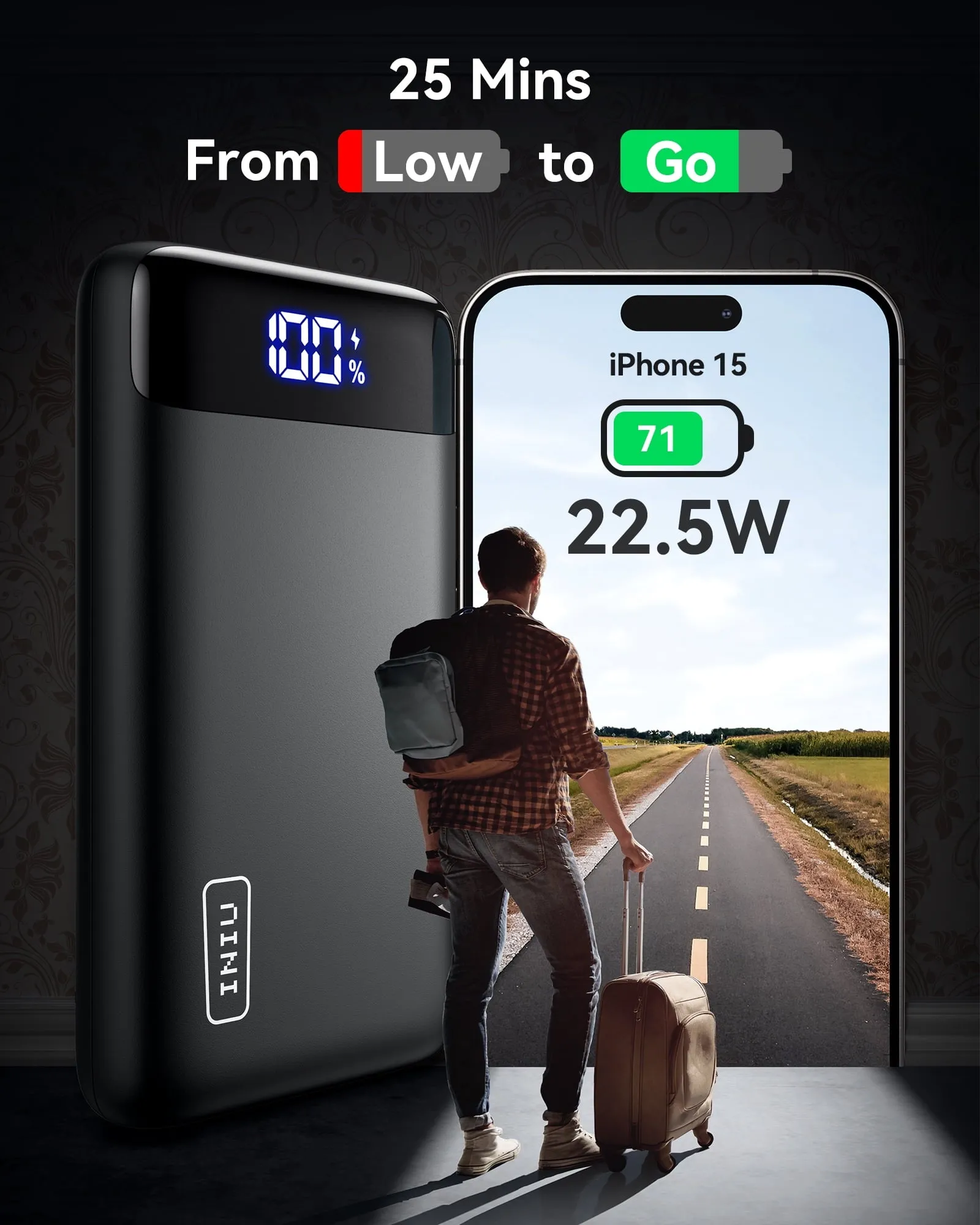 INIU 20000mAh Power Bank, 22.5W Fast Charging Portable Charger for iPhone & iPad, LED Display,Black