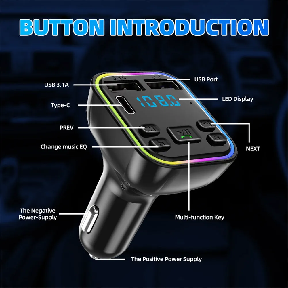 Led Backlight Bluetooth Fm Transmitter Dual Usb Type C Fast
