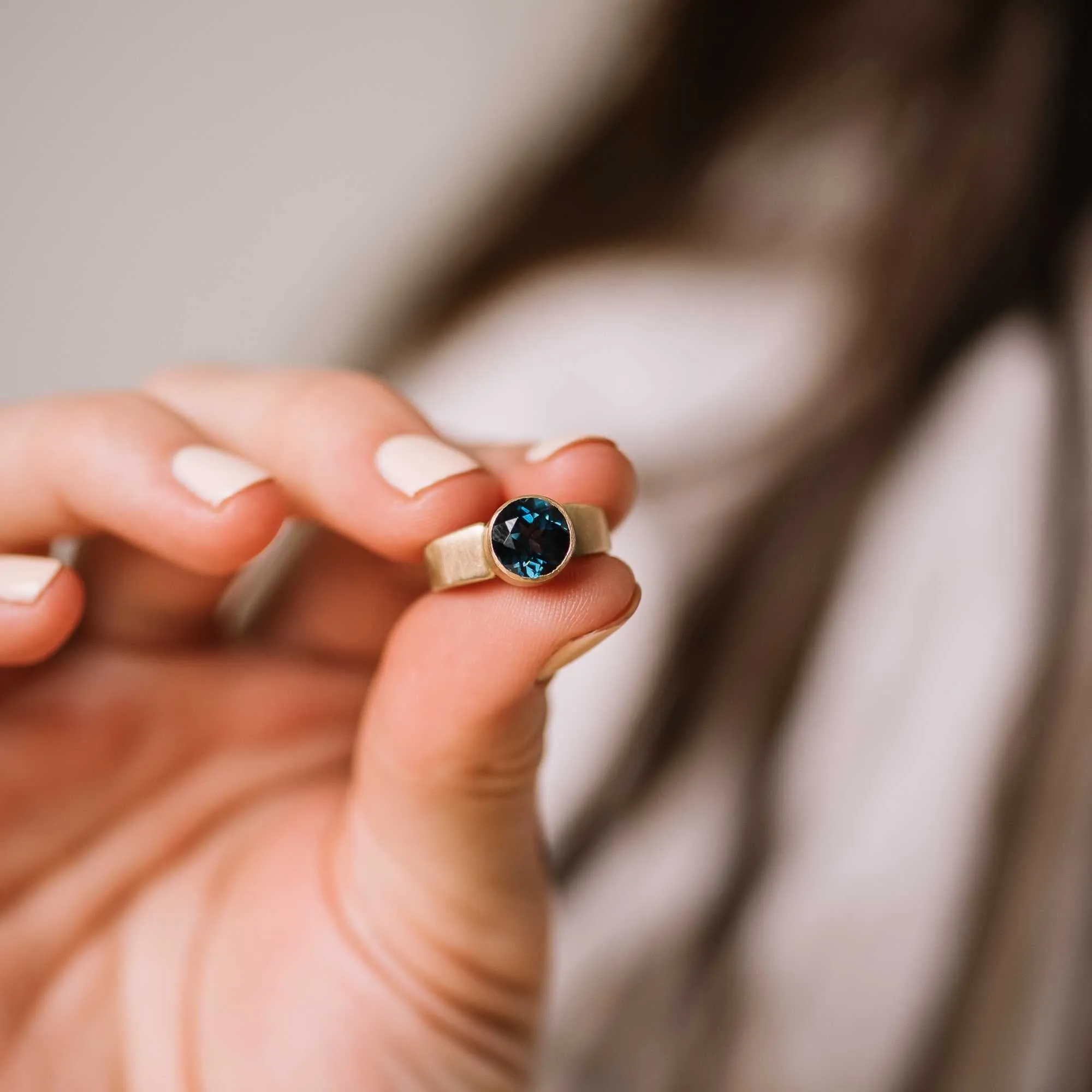 London Blue Topaz Round Ring on Tapered Band in 14k Gold
