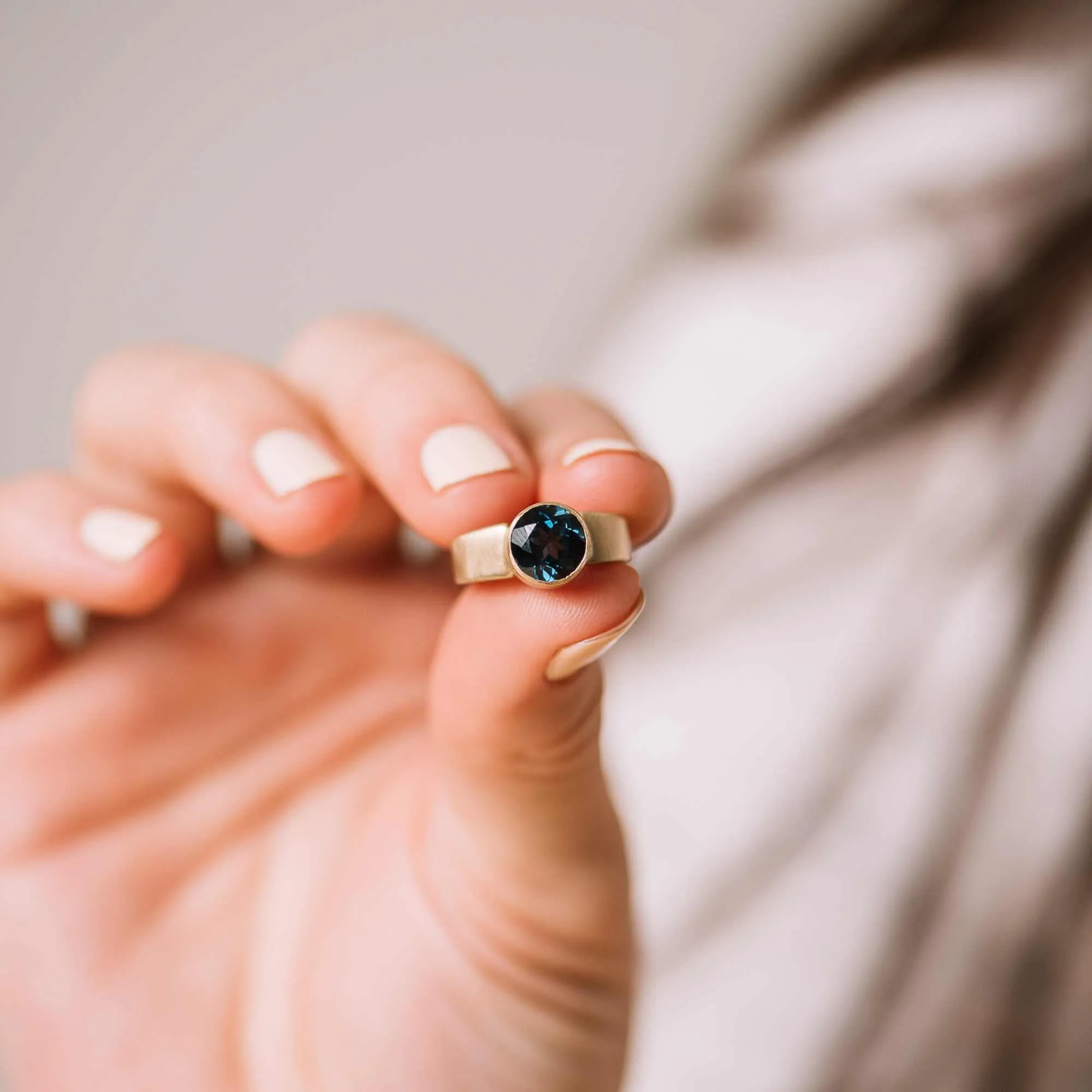 London Blue Topaz Round Ring on Tapered Band in 14k Gold