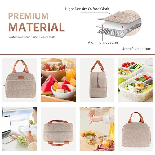 Lunch Bag for Women & Men Adult Insulated Lunch Box, Small Leakproof Cooler Food Lunch Containers Reusable High Capacity Lunch Tote Bags for Work, Travel, Outdoor (KHAKI)