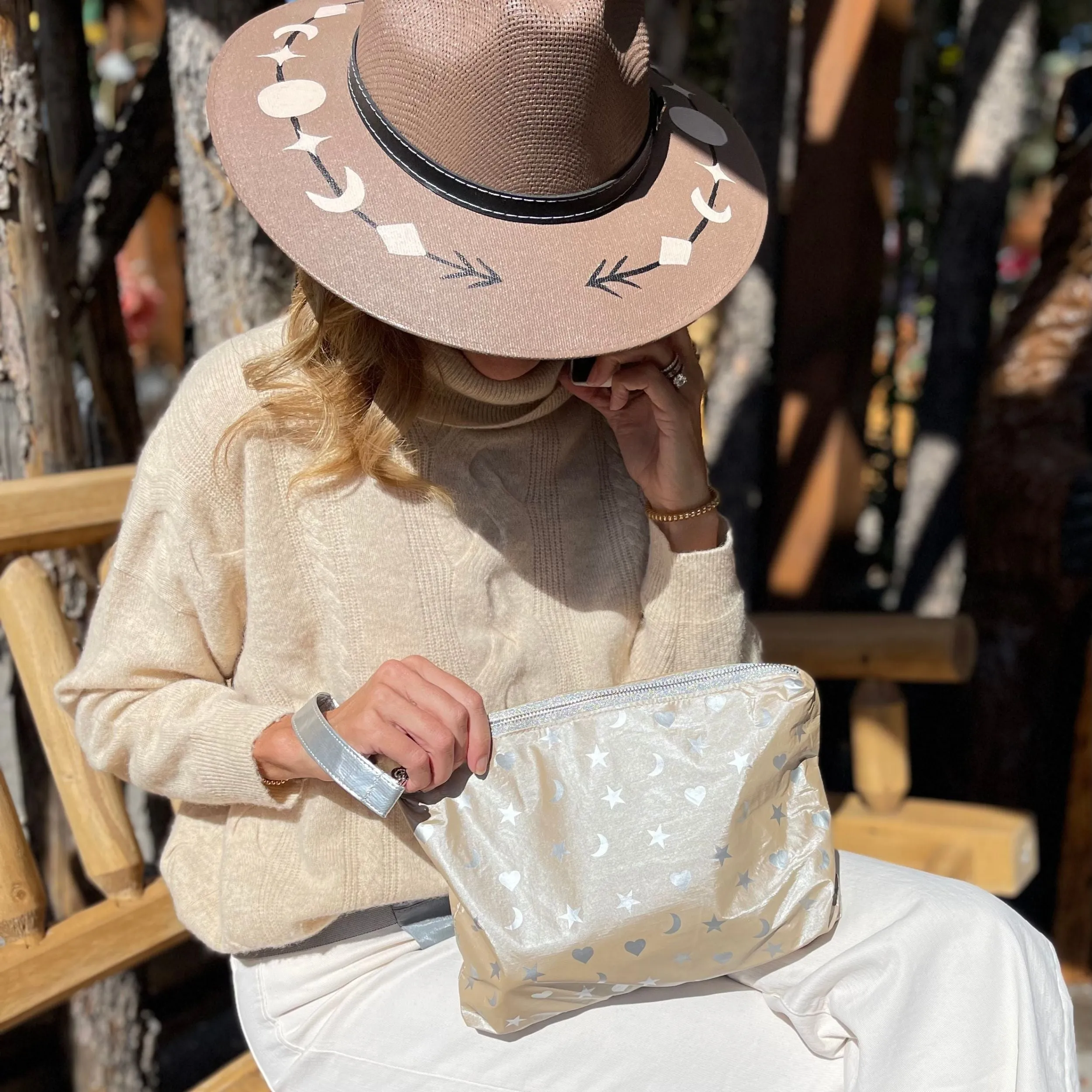 Medium Zipper Pack in Golden Shimmer Beige with Heart, Moon, & Stars