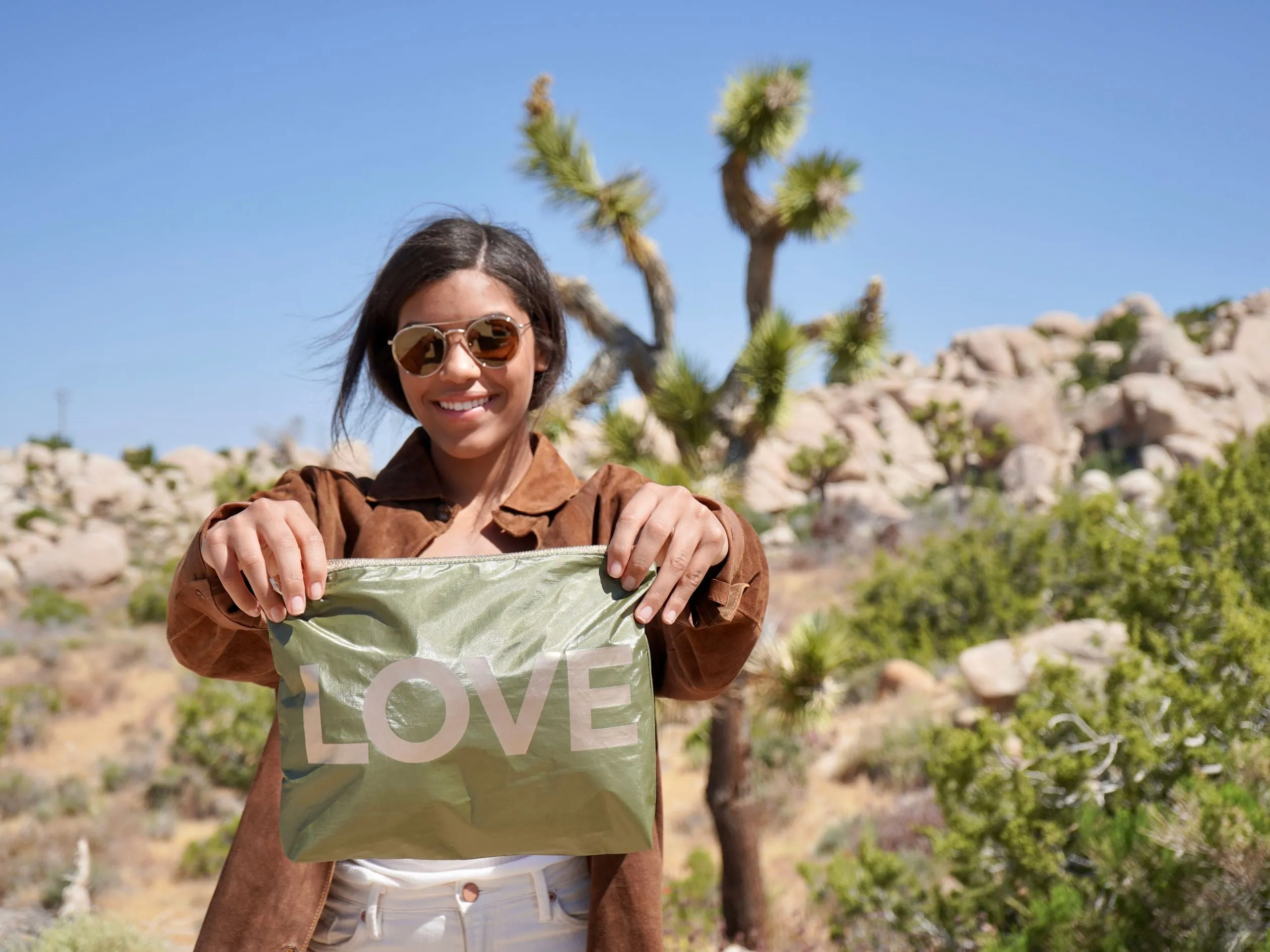 Medium Zipper Pack in Shimmer Olive Green with Golden "LOVE"