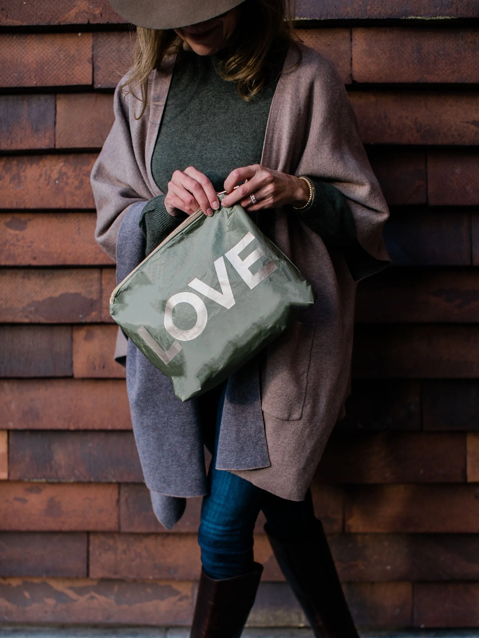 Medium Zipper Pack in Shimmer Olive Green with Golden "LOVE"