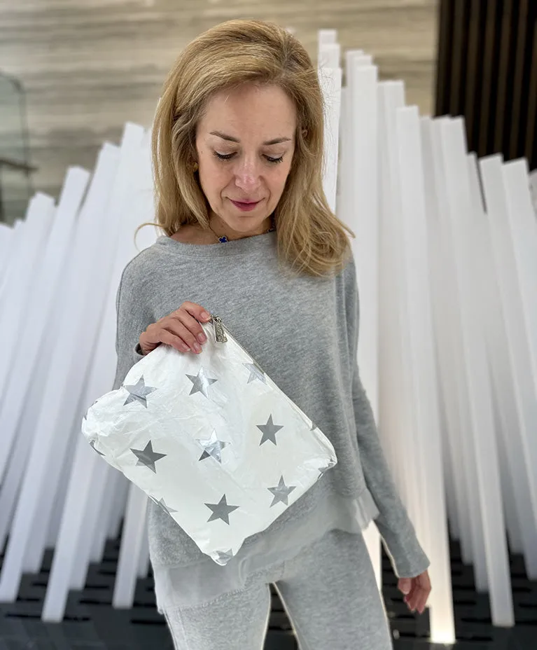 Medium Zipper Pack in Shimmer White with Multi Silver Stars