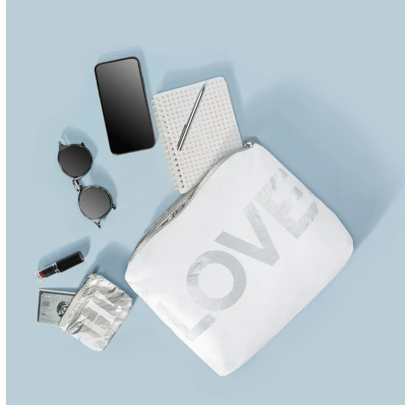 Medium Zipper Pack in Shimmer White with Silver "LOVE"