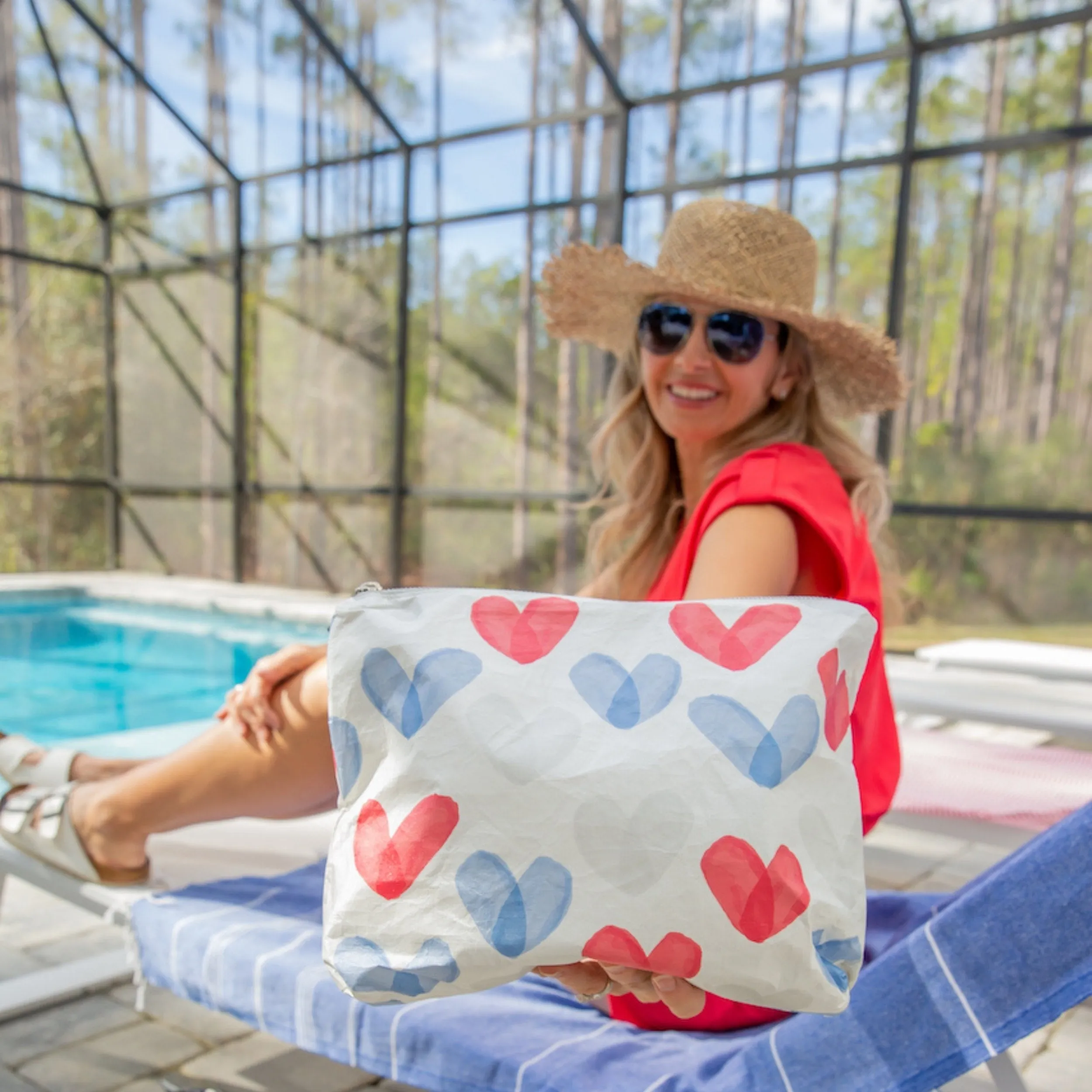 Medium Zipper Pack in the "Language of Love" Red, White, & Blue Heart Print