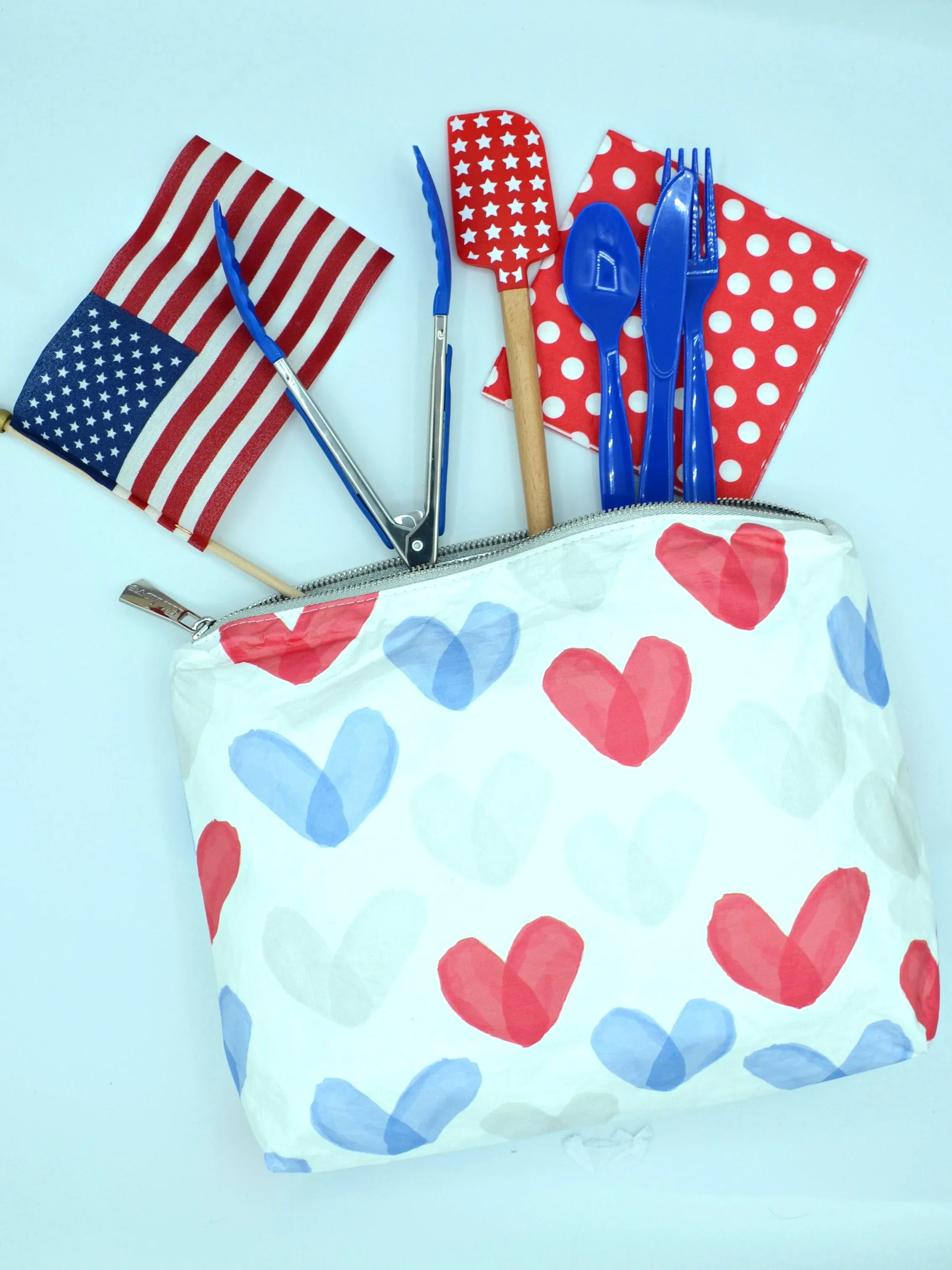 Medium Zipper Pack in the "Language of Love" Red, White, & Blue Heart Print