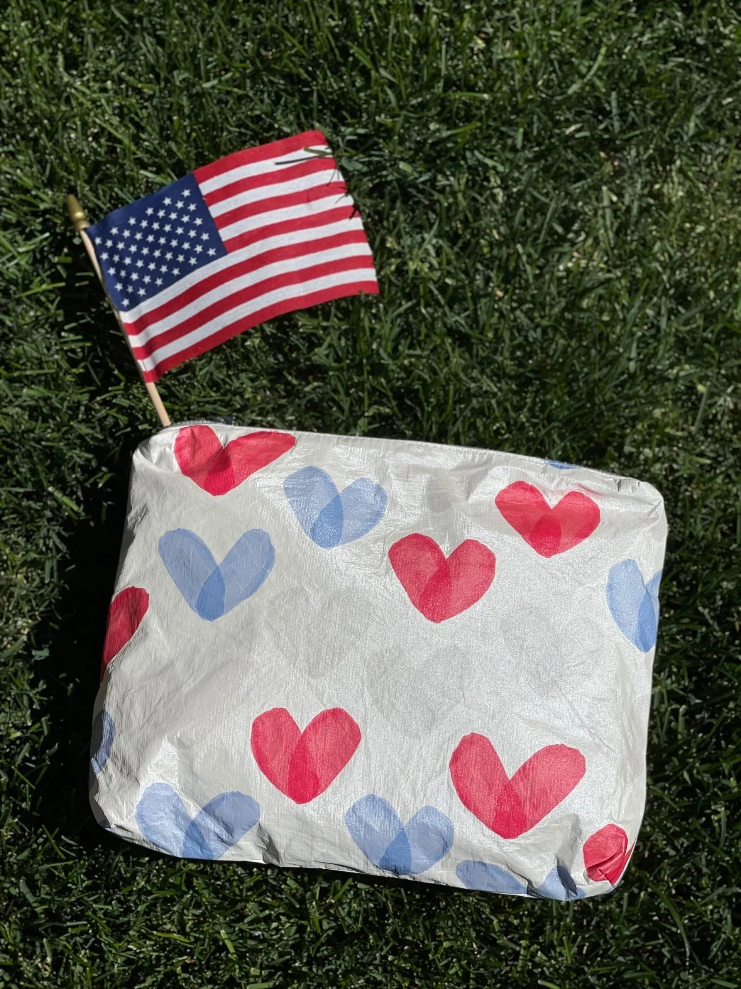 Medium Zipper Pack in the "Language of Love" Red, White, & Blue Heart Print