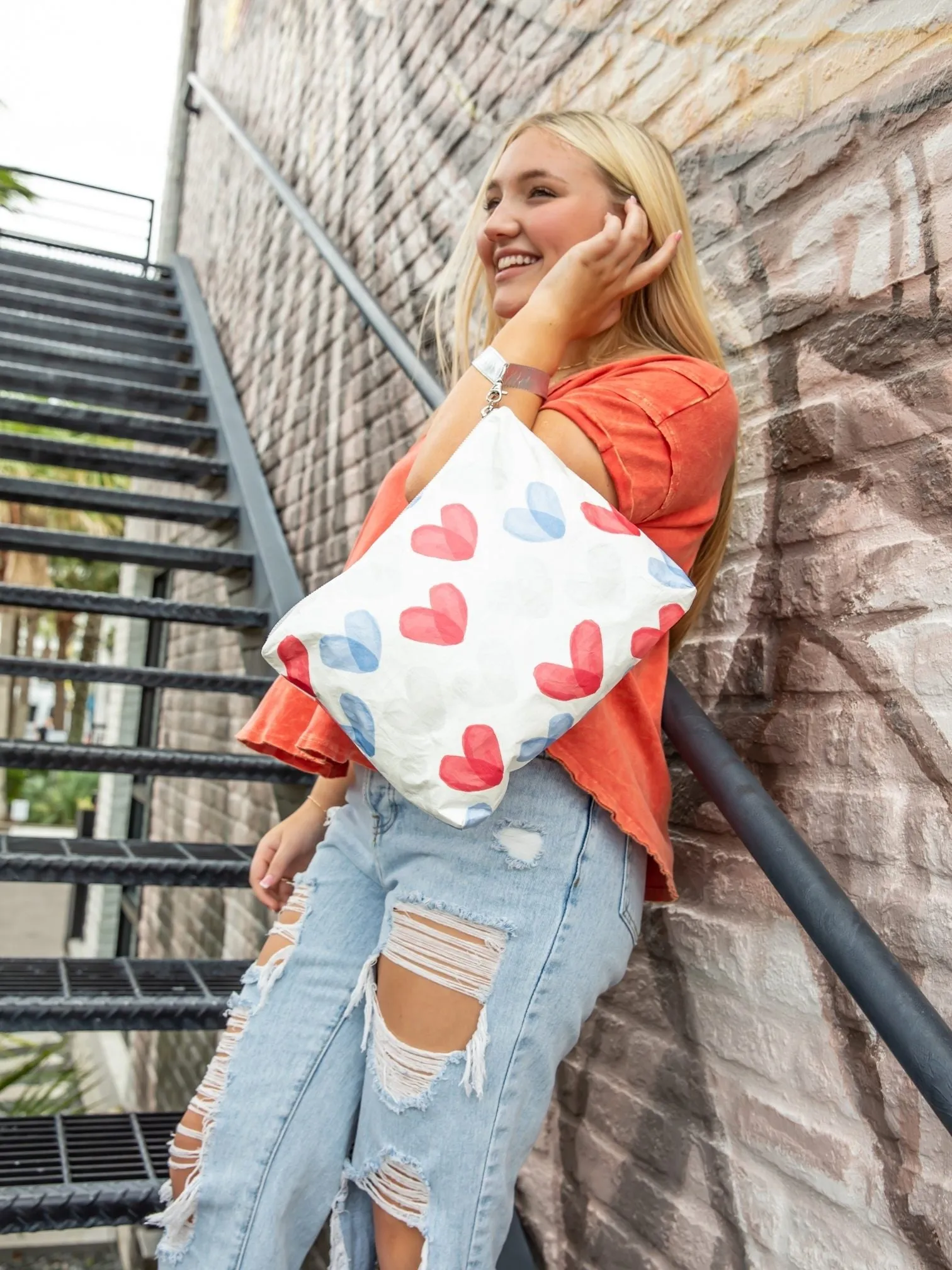 Medium Zipper Pack in the "Language of Love" Red, White, & Blue Heart Print