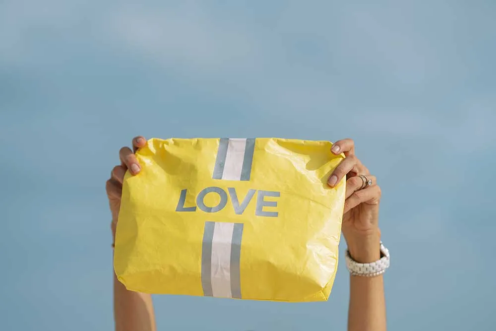 Medium Zipper Pack - Lemon Yellow with White/Silver Stripe & LOVE