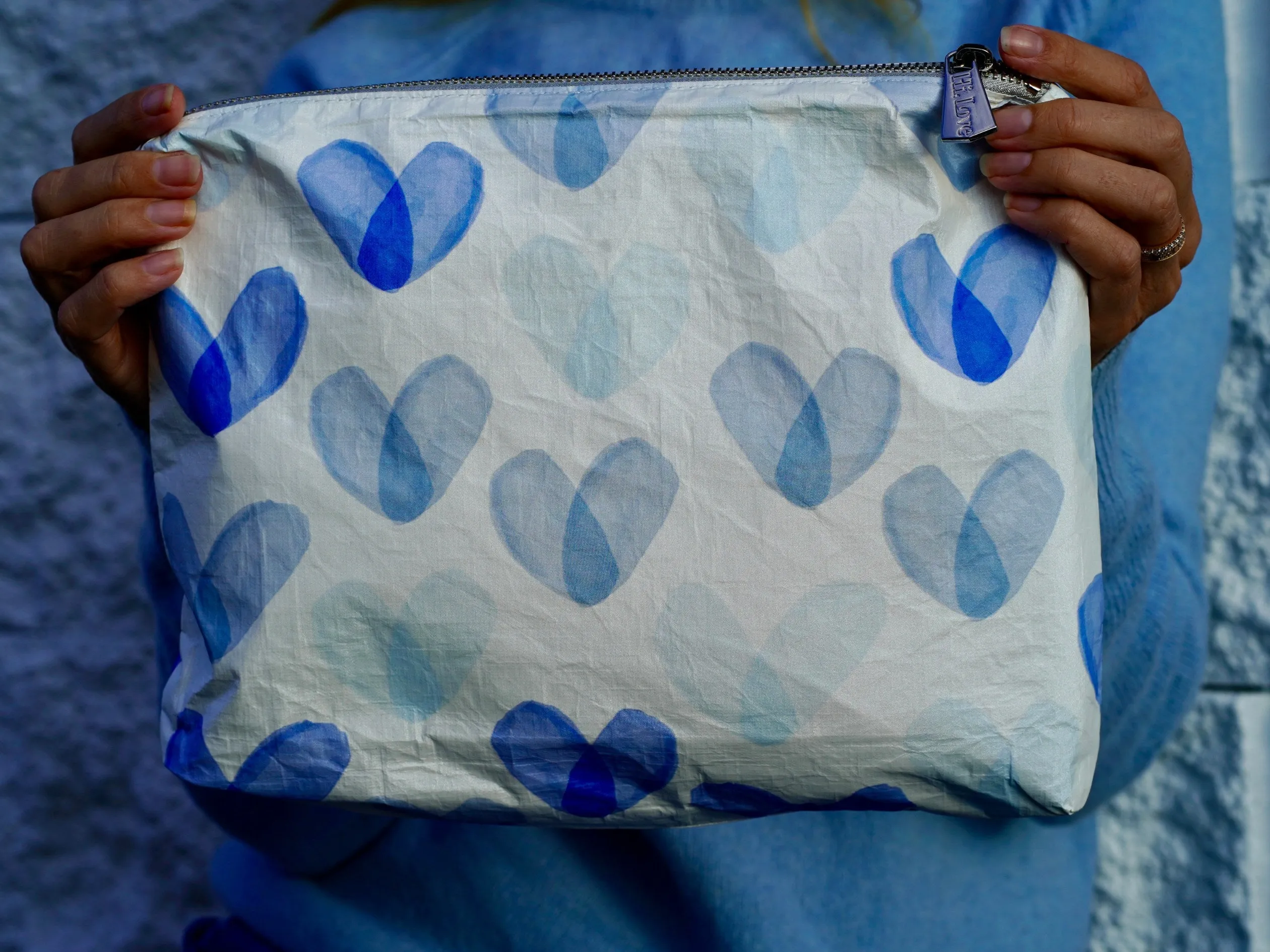 Medium Zipper Pouch - "Language of Love" in Shades of Blue