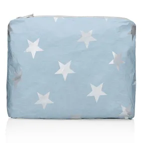 Medium Zipper Pouch - Shimmer Ice Blue with Multi Silver Stars