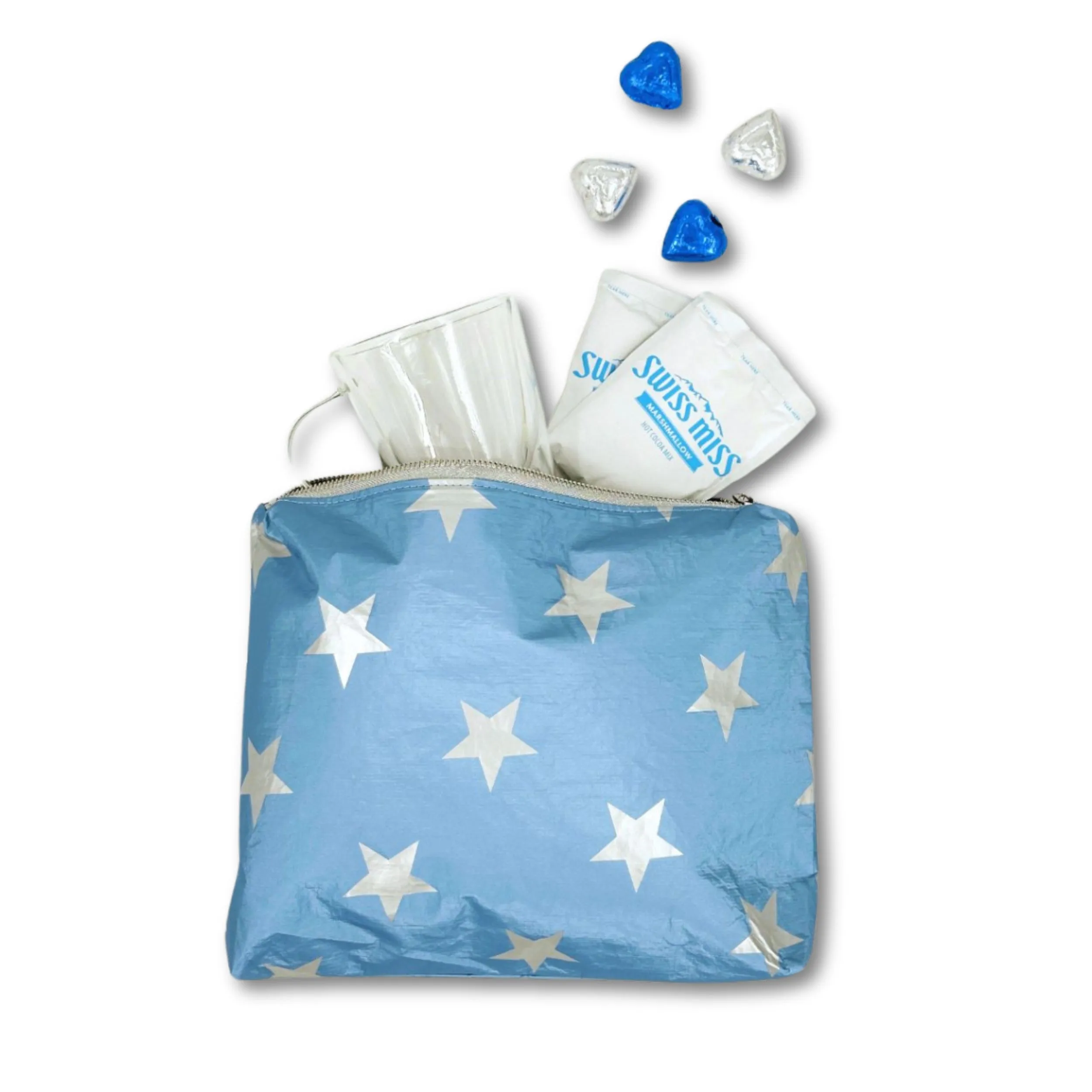 Medium Zipper Pouch - Shimmer Ice Blue with Multi Silver Stars
