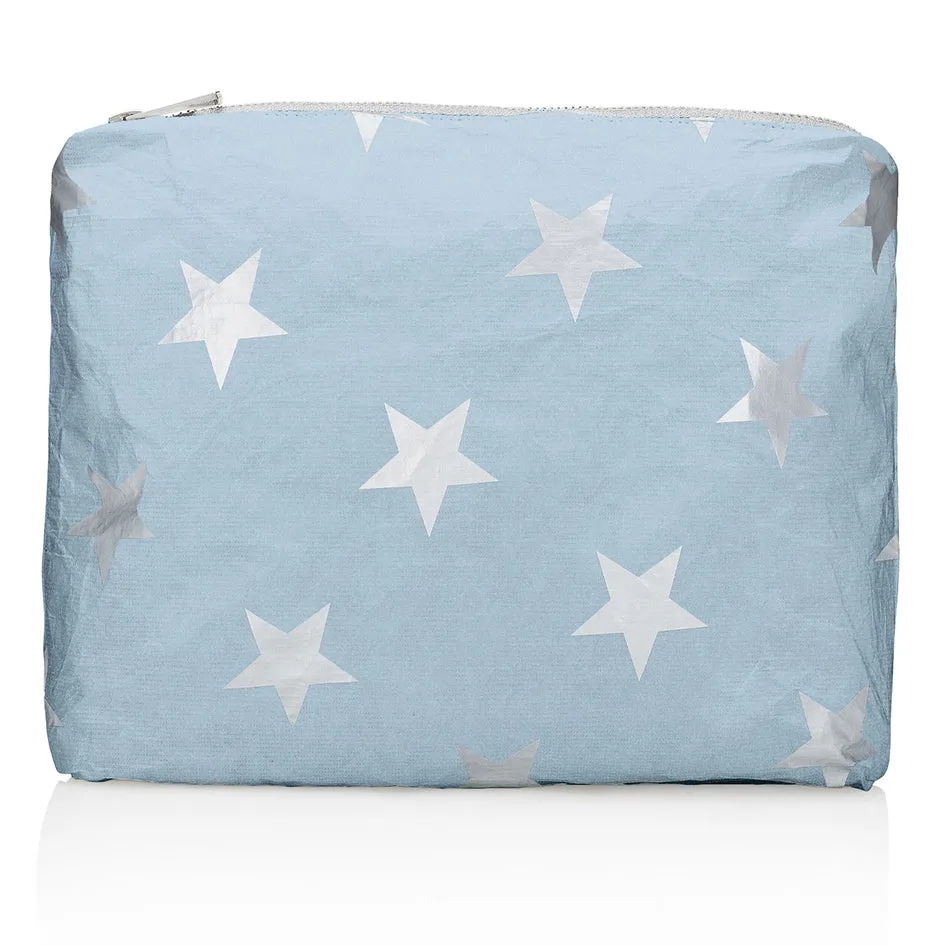 Medium Zipper Pouch - Shimmer Ice Blue with Multi Silver Stars