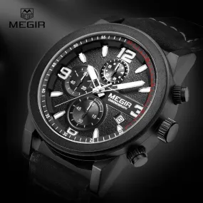 Megir Mens Chronograph Luminous Hands Waterproof Wristwatches Fashion Large Dial Calendar Leather Band Quartz Watch for Man