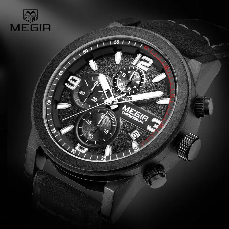 Megir Mens Chronograph Luminous Hands Waterproof Wristwatches Fashion Large Dial Calendar Leather Band Quartz Watch for Man