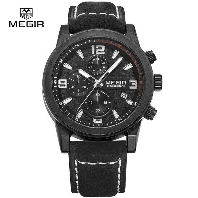 Megir Mens Chronograph Luminous Hands Waterproof Wristwatches Fashion Large Dial Calendar Leather Band Quartz Watch for Man