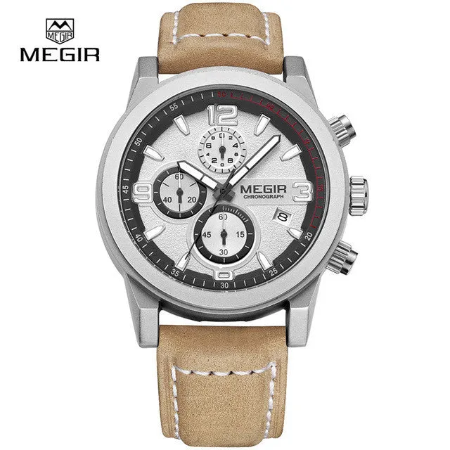 Megir Mens Chronograph Luminous Hands Waterproof Wristwatches Fashion Large Dial Calendar Leather Band Quartz Watch for Man