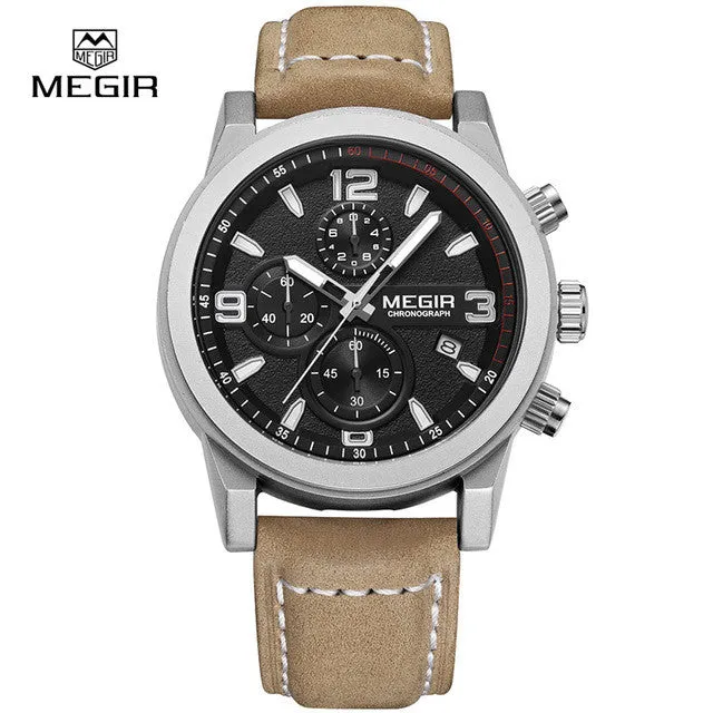 Megir Mens Chronograph Luminous Hands Waterproof Wristwatches Fashion Large Dial Calendar Leather Band Quartz Watch for Man