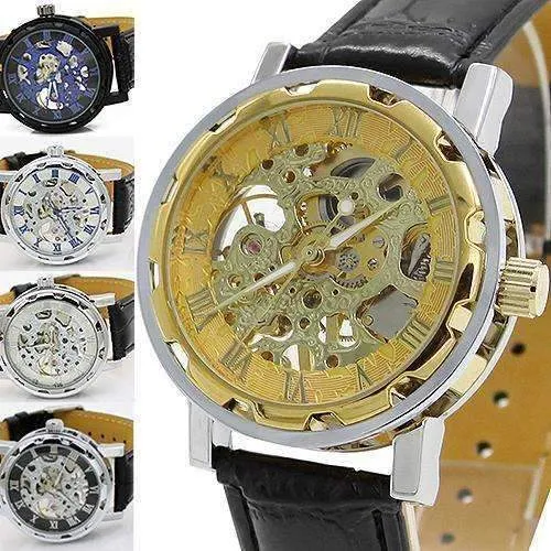 Men's Leather Mechanical Skeleton Watch