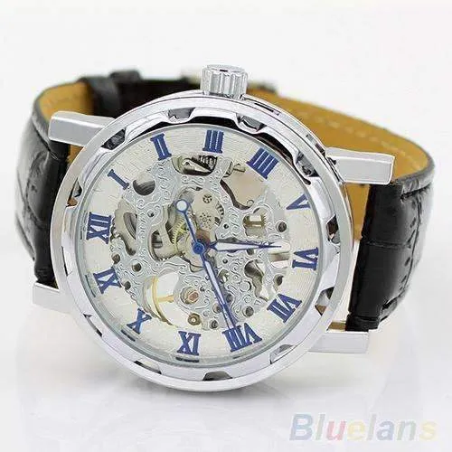 Men's Leather Mechanical Skeleton Watch
