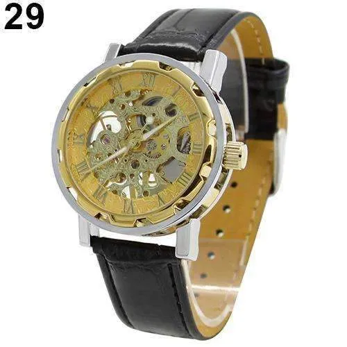 Men's Leather Mechanical Skeleton Watch