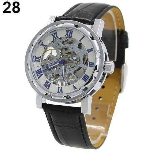Men's Leather Mechanical Skeleton Watch