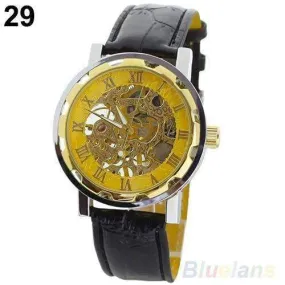 Men's Leather Mechanical Skeleton Watch