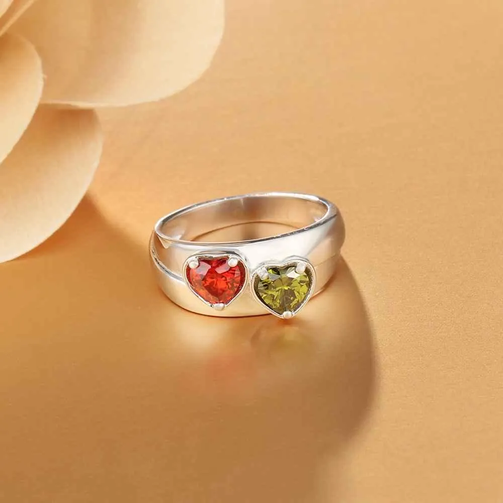Personalized 925 Sterling Silver Promise Rings for Women – Custom Heart Birthstones – Engraved 2 Texts – Trendy Jewelry Gift