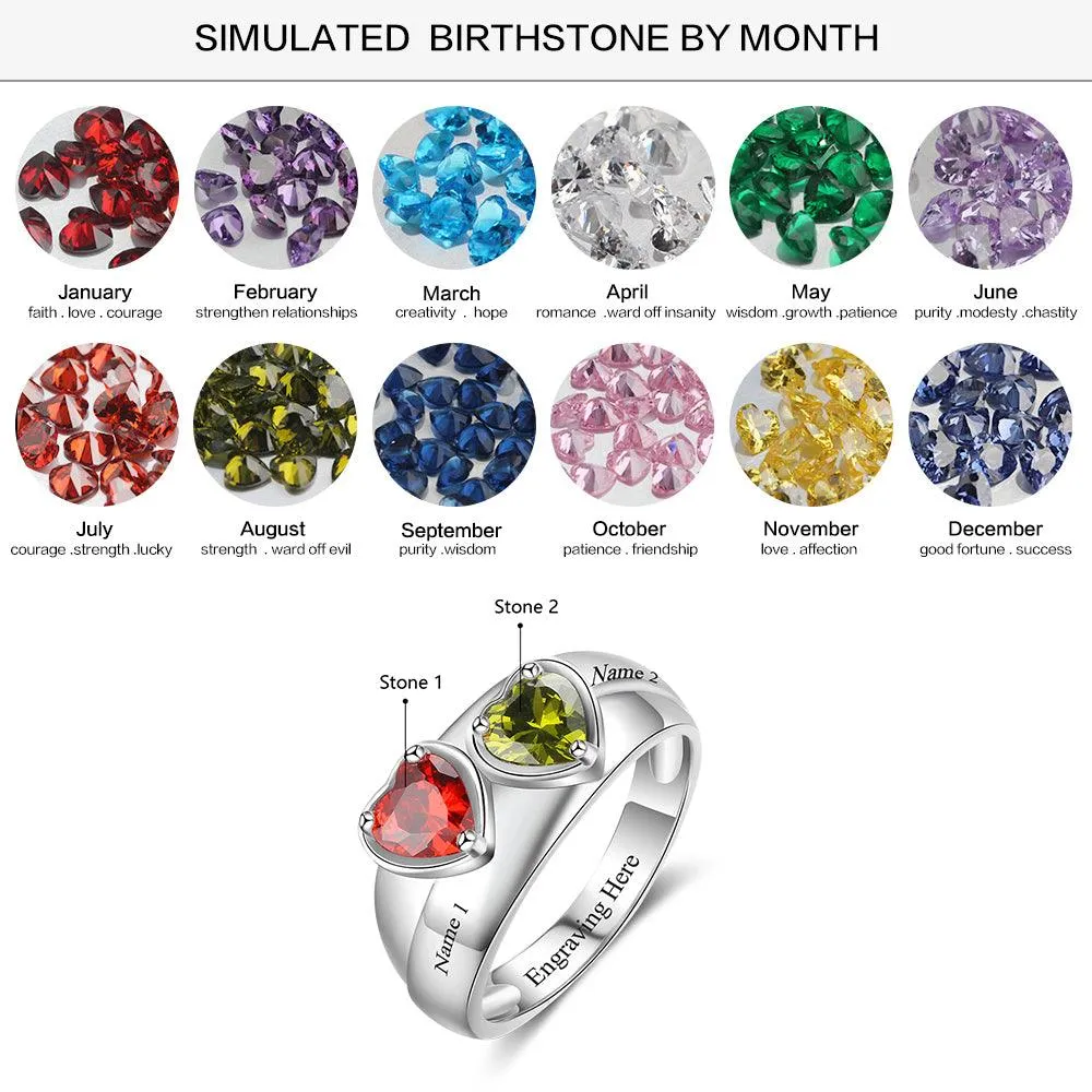 Personalized 925 Sterling Silver Promise Rings for Women – Custom Heart Birthstones – Engraved 2 Texts – Trendy Jewelry Gift
