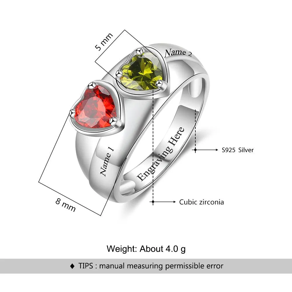 Personalized 925 Sterling Silver Promise Rings for Women – Custom Heart Birthstones – Engraved 2 Texts – Trendy Jewelry Gift
